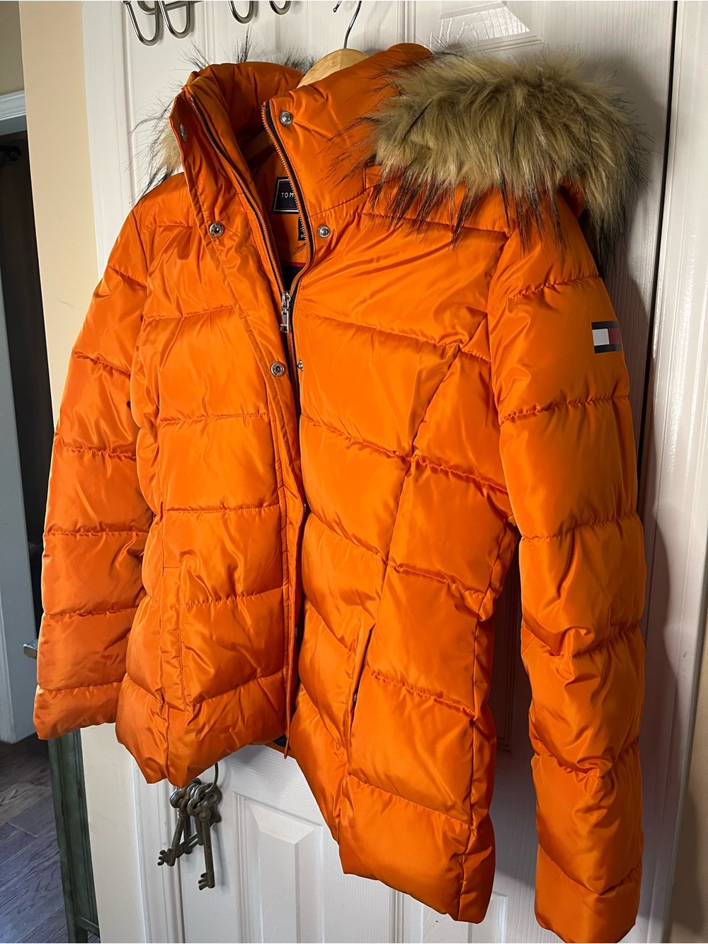 Tommy Hilfiger Orange Faux-Fur Trim Puffer Jacket